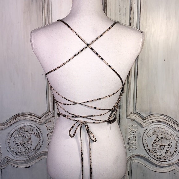 Chocolate Y2K Animal Print Spaghetti Crisscross Strap Cropped Satin Camisole Top - Picture 5 of 7
